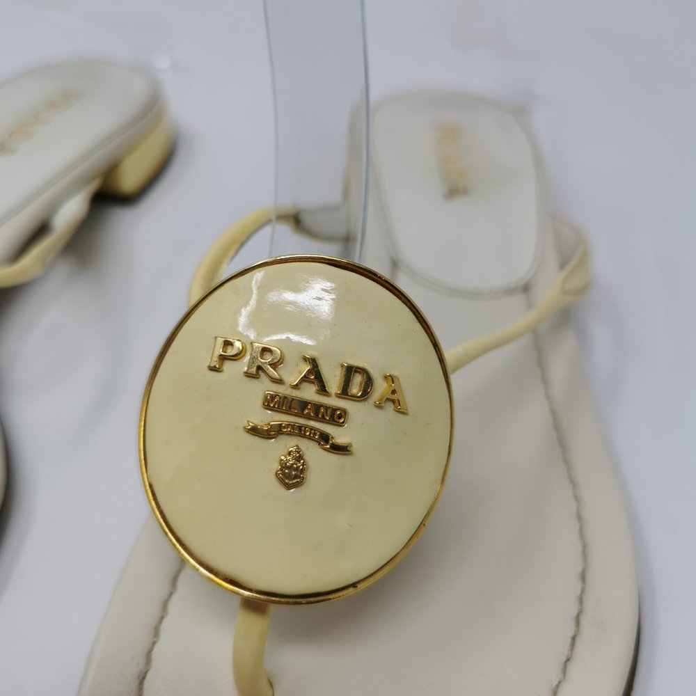 Prada Cream Enamel Logo Plaque Sandals - Picture 2 of 7